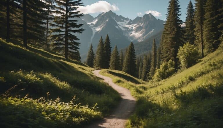 A winding forest path leads to a tranquil lake, surrounded by towering mountains and lush greenery. A sense of calm and serenity fills the air