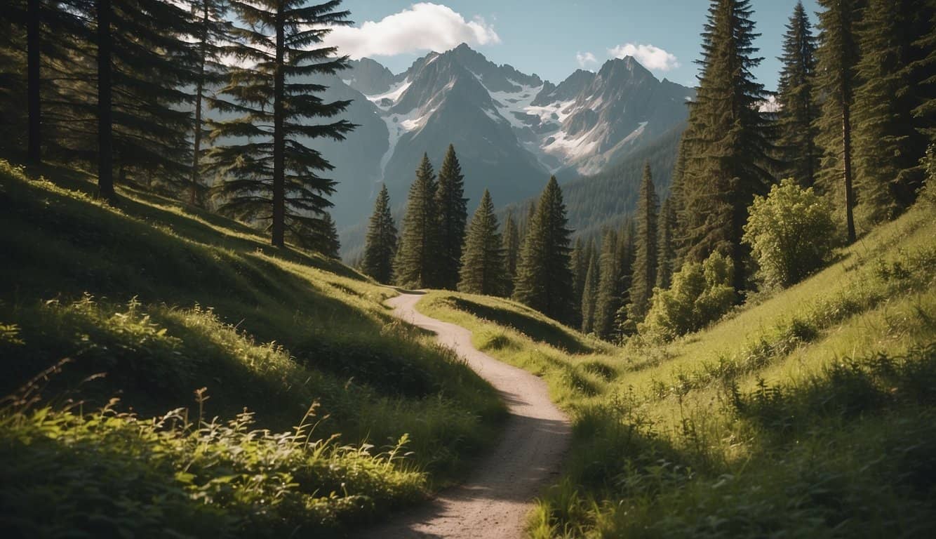 A winding forest path leads to a tranquil lake, surrounded by towering mountains and lush greenery. A sense of calm and serenity fills the air