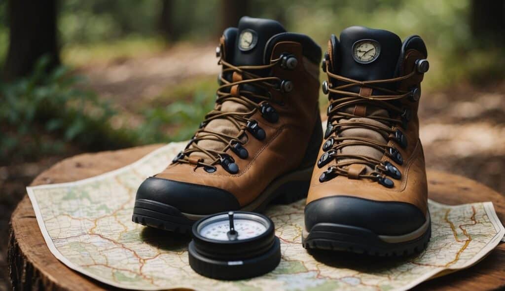 A map, compass, and hiking boots laid out on a table for a beginner's hiking trip