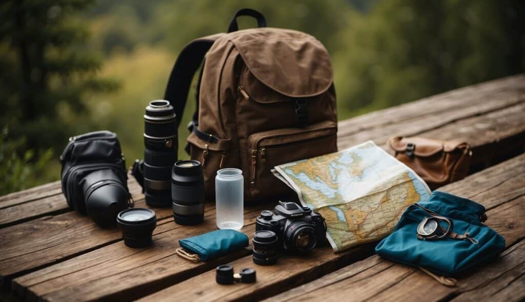 A backpack, hiking boots, water bottle, map, and compass laid out on a wooden table