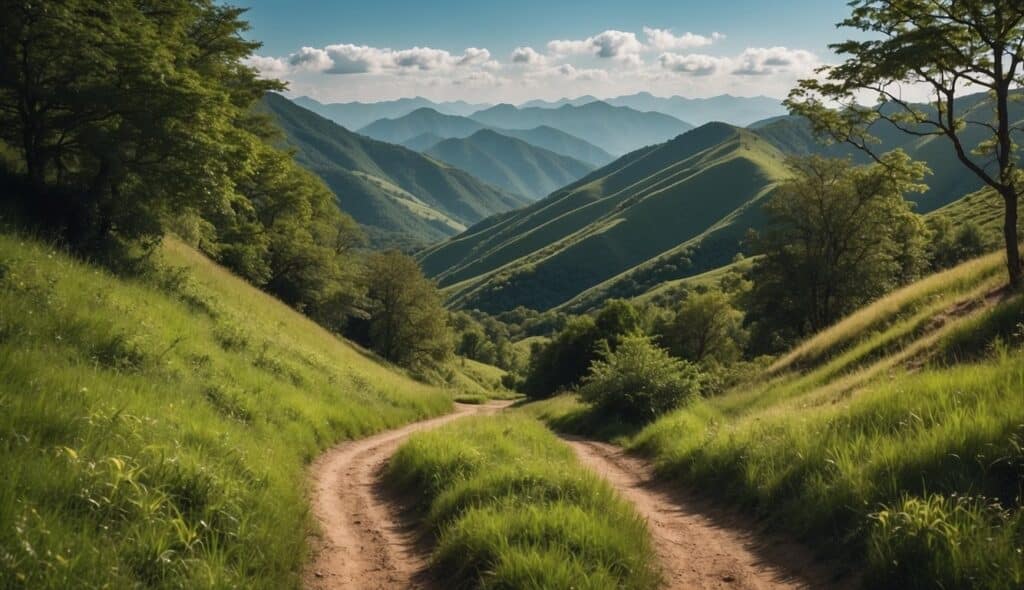 A winding trail through lush green mountains, with a clear blue sky above and a gentle breeze rustling the trees