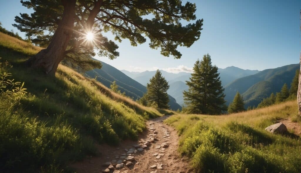 A serene mountain path with lush greenery and a clear blue sky, showcasing the beauty of nature after the beginner hiking tour