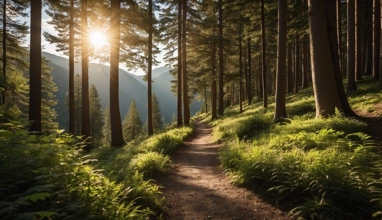 A winding trail through lush forest, leading to a distant mountain peak. Sunlight filters through the trees, casting dappled shadows on the path