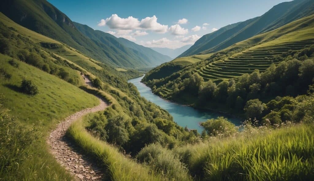 A winding path through lush green mountains, with a clear blue sky overhead and a winding river below