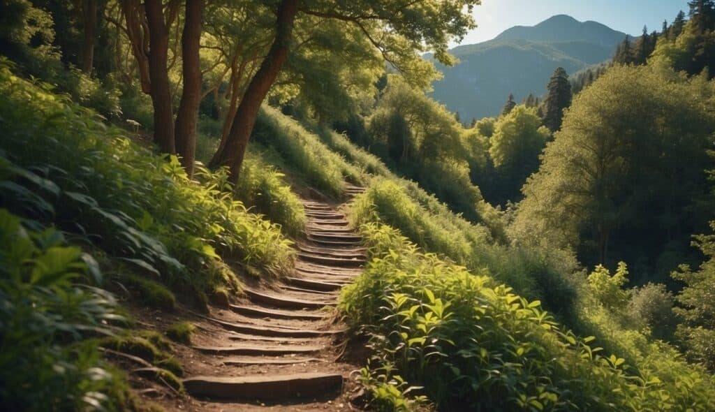 Hiking trail through lush forest, with a winding path leading up a mountain, and a clear blue sky overhead