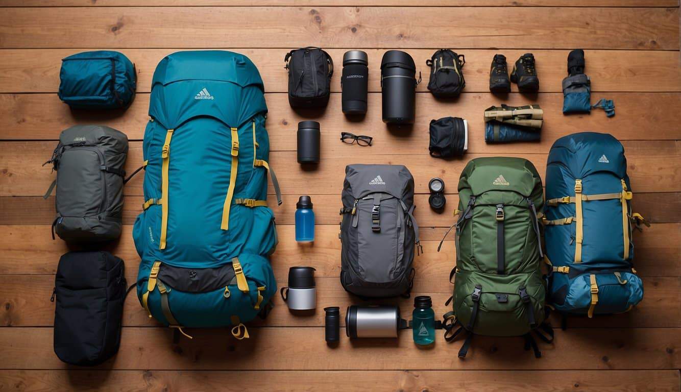 Equipment for multi-day hikes, including a backpack, sleeping bag, tent, hiking boots, water bottle, and map laid out on a wooden floor