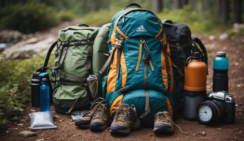 A backpack filled with camping gear, hiking boots, a map, and a water bottle laid out on the ground for a multi-day hike