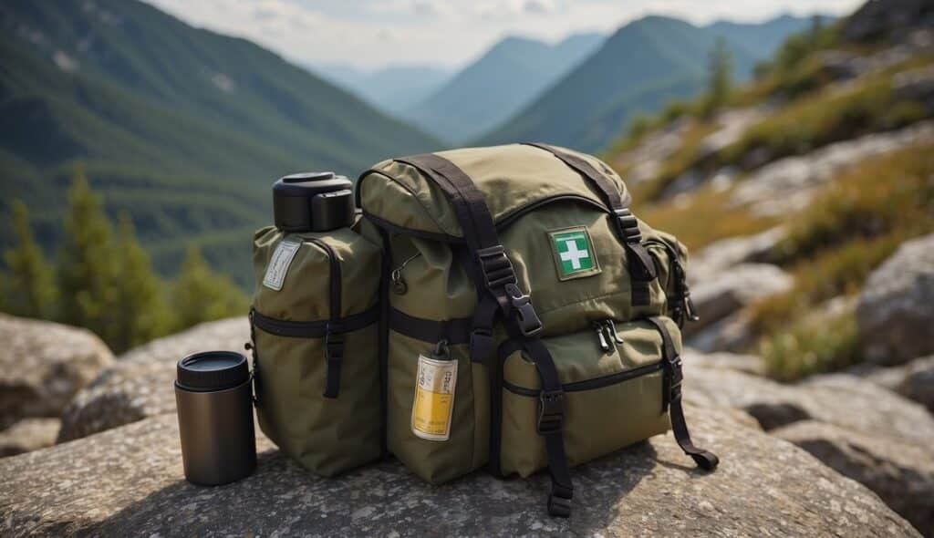 A backpack with compass, map, and first aid kit on a rocky trail