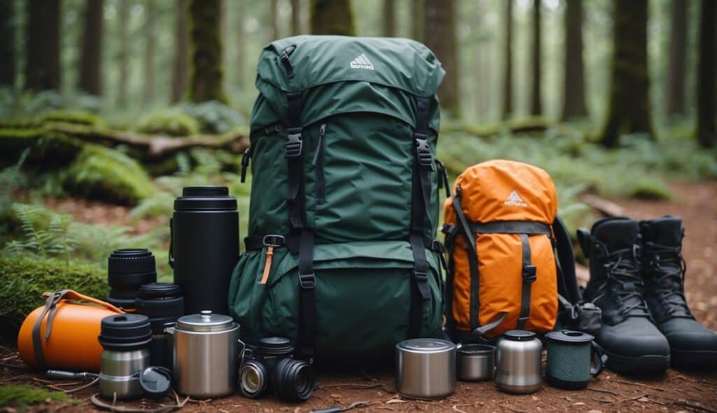 A backpack, hiking boots, tent, sleeping bag, and cooking gear laid out on a forest floor for a multi-day hiking trip