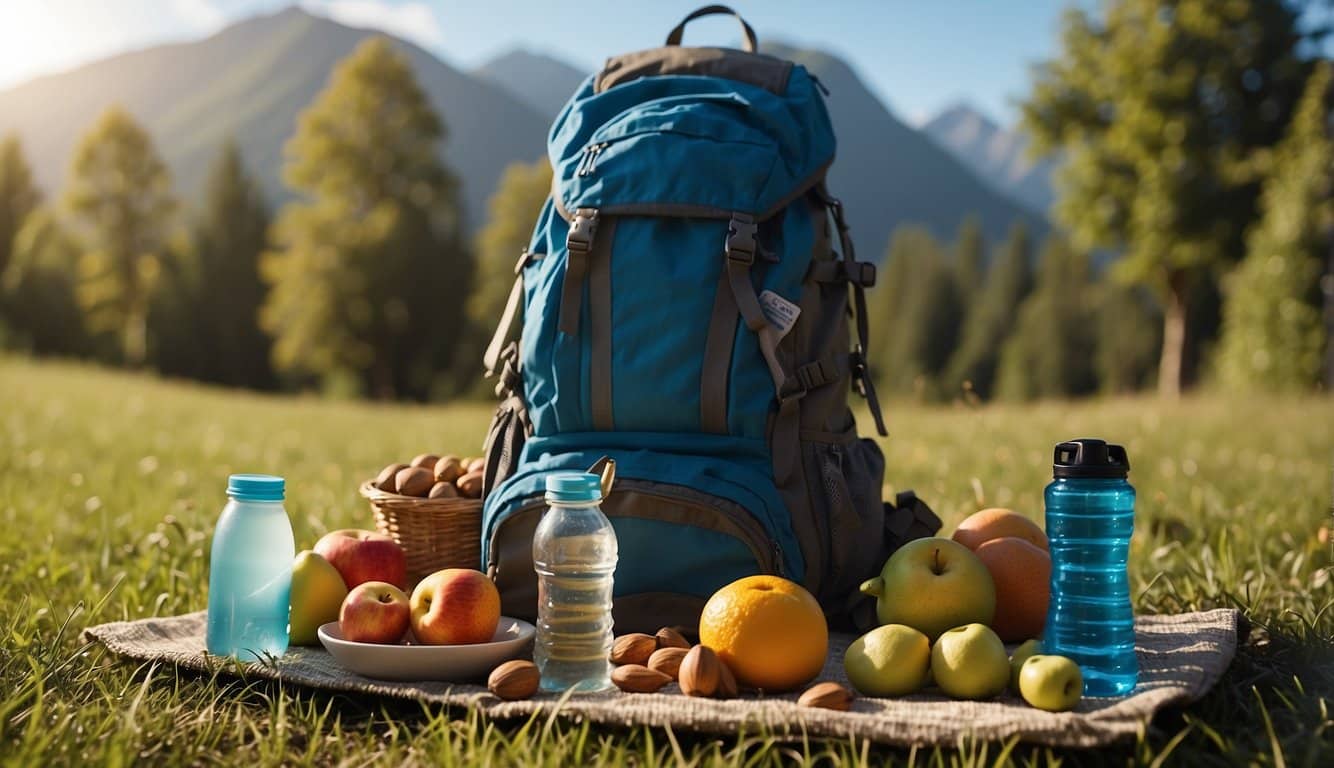 A hiker's backpack spills out fresh fruits, nuts, and a water bottle on a grassy meadow with a mountain backdrop