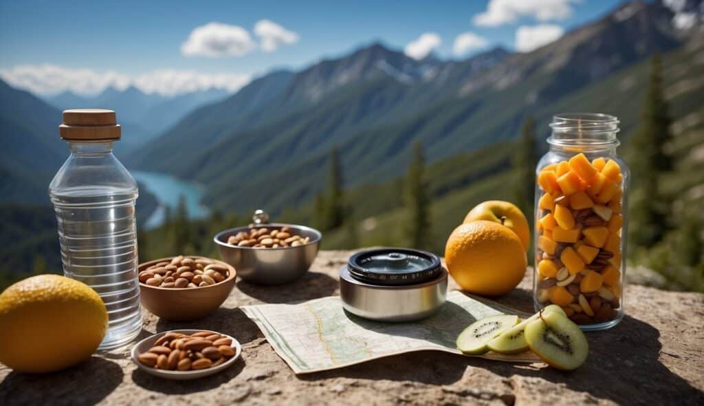 Hiking essentials laid out: water bottle, trail mix, fruits. Map and compass nearby. Mountain backdrop