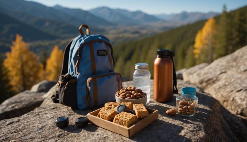 A backpack filled with energy bars, nuts, and dried fruits sits next to a water bottle and a map on a rocky trail. The sun shines down on the beautiful mountain landscape