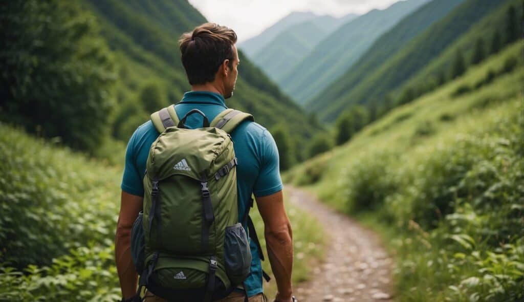 A hiker carrying a backpack filled with healthy snacks and water bottles, surrounded by lush greenery and a winding trail through the mountains