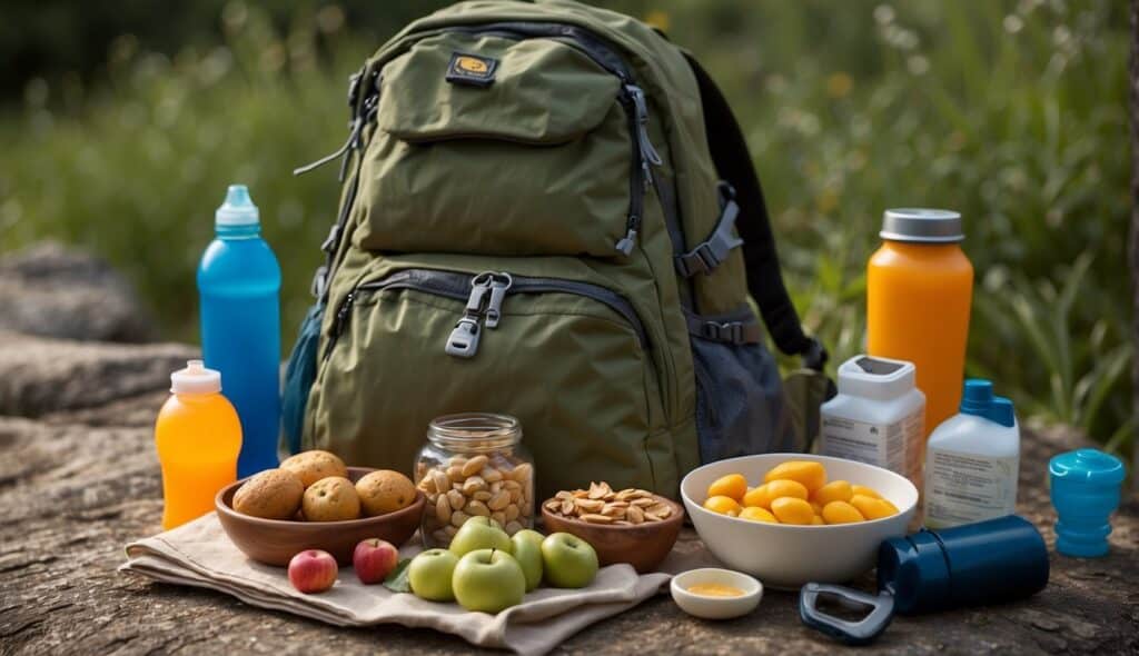 A hiker's backpack open with a variety of healthy snacks and water bottles spilling out, surrounded by a map, compass, and sunscreen