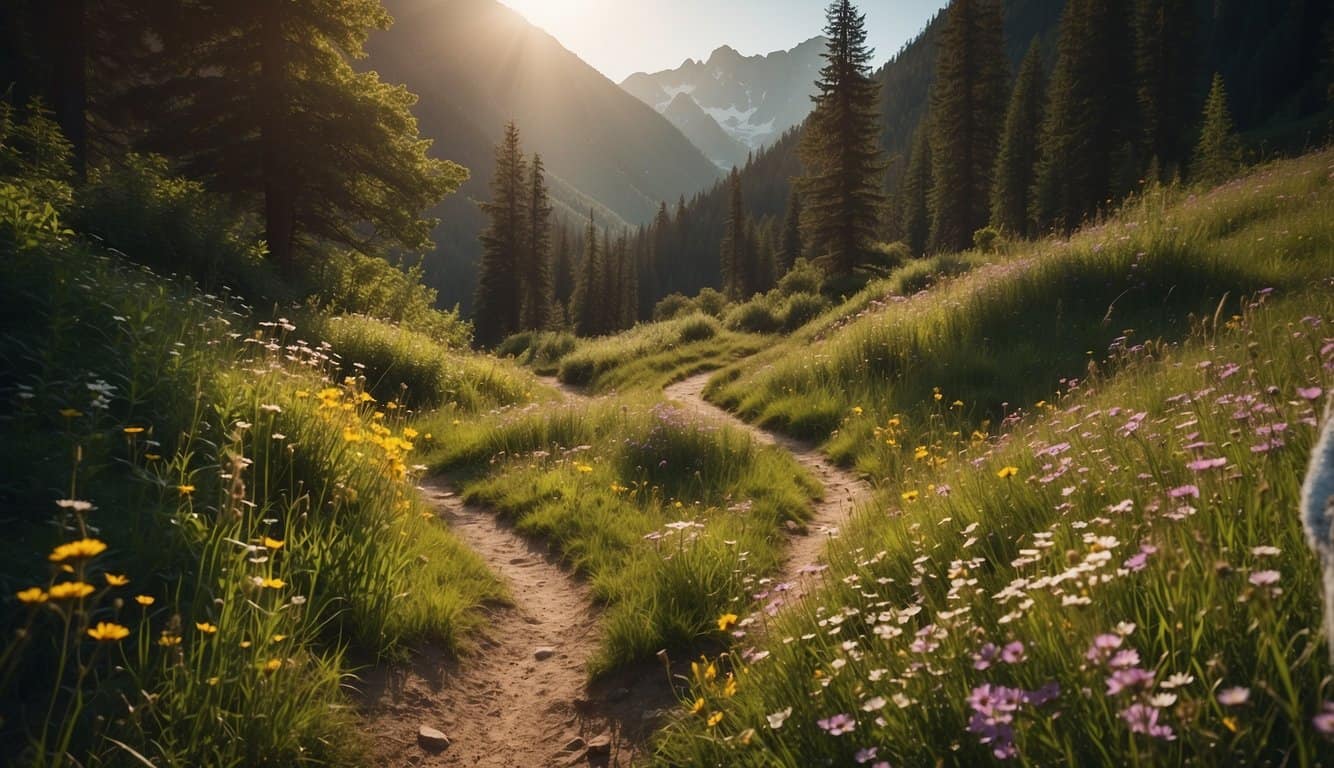 A winding trail leads through lush green forests, with colorful wildflowers blooming along the path. Majestic mountains rise in the distance, and a clear stream glistens in the sunlight