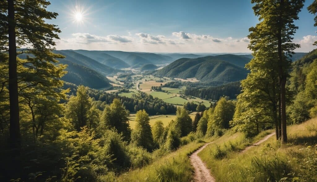 A map of Germany's scenic hiking trails, surrounded by lush forests and rolling hills, with a clear blue sky overhead