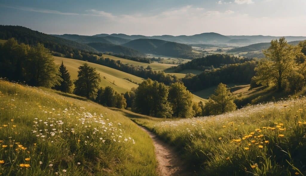 Lush green hills and winding paths through picturesque German landscapes, with colorful wildflowers and towering trees