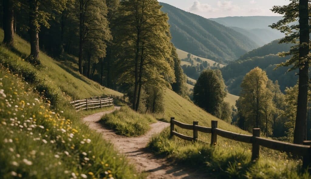 A scenic hiking trail in Germany, winding through lush forests and rolling hills, with a backdrop of picturesque landscapes and serene natural beauty