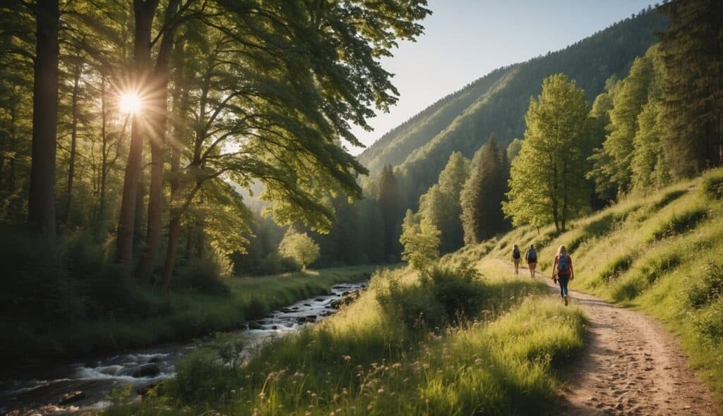 A family and beginner-friendly hiking trail in Germany, with lush green forests, rolling hills, and a clear, babbling brook