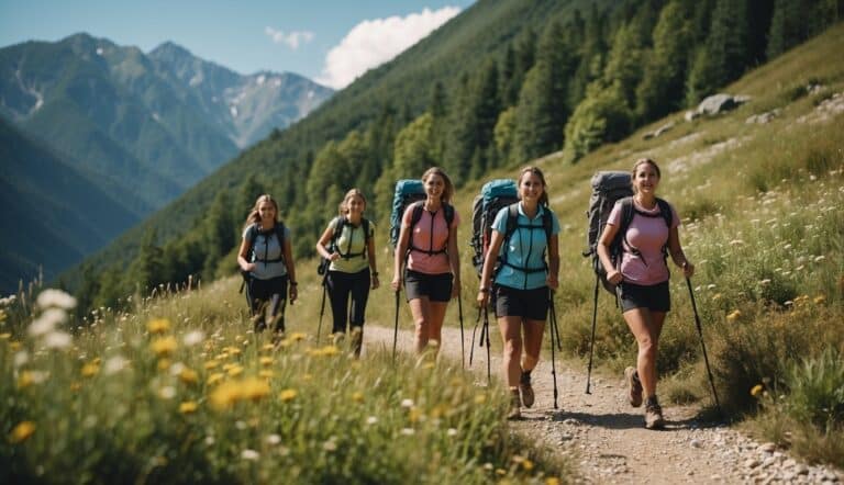 A group of women hiking in the mountains, surrounded by lush greenery and a clear blue sky