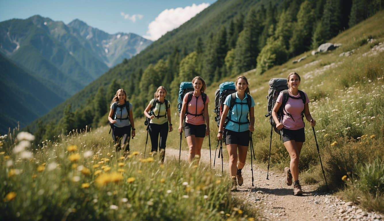 A group of women hiking in the mountains, surrounded by lush greenery and a clear blue sky