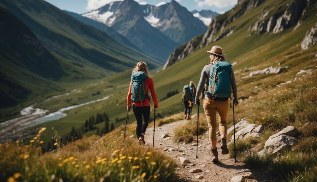 Women in hiking gear exploring mountain trails, with historical sports imagery in the background