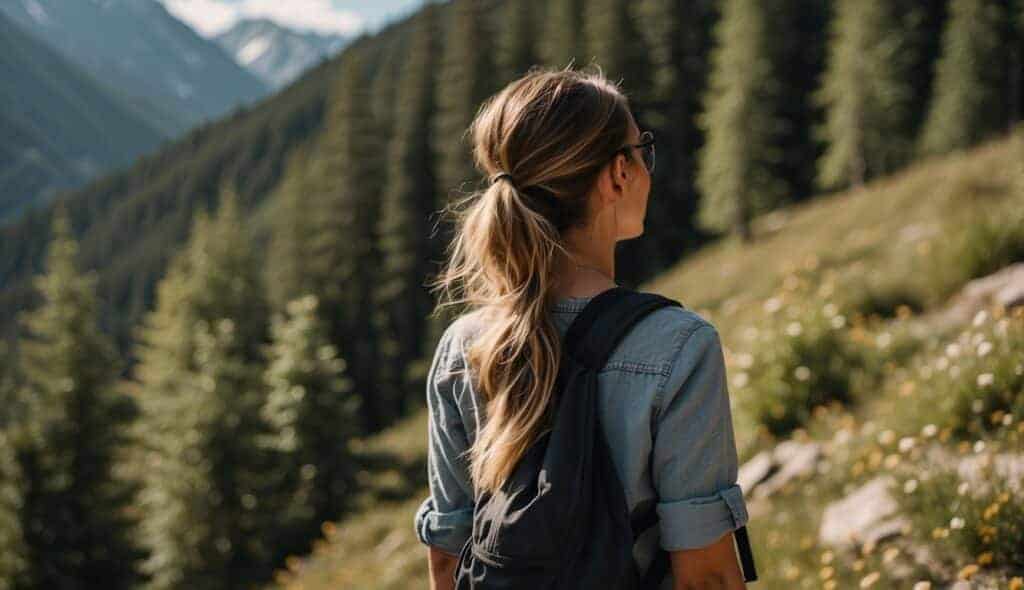 Women enjoying hiking in nature, surrounded by mountains and forests, feeling empowered and free