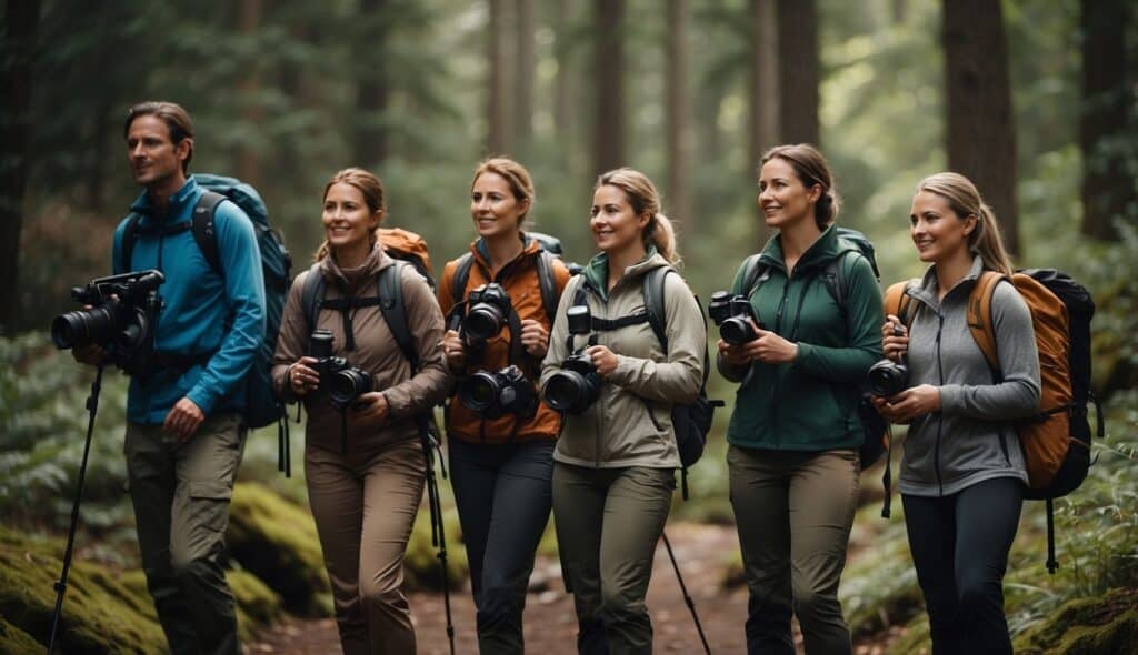 A group of female hikers are surrounded by cameras and reporters, showcasing their presence and representation in the world of hiking and outdoor sports