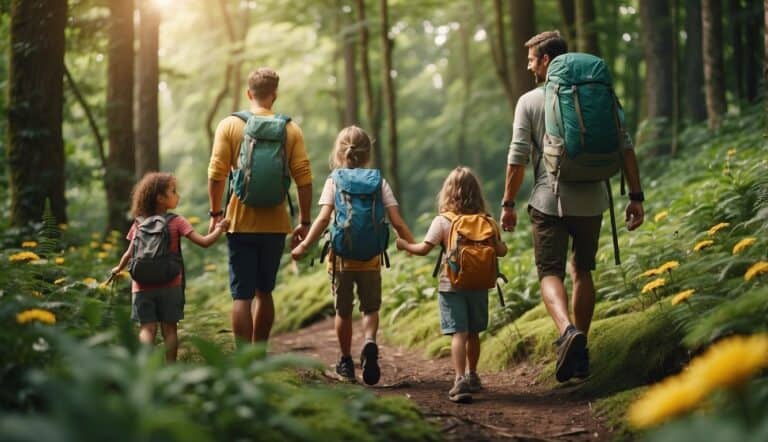 A family of four hiking through a lush forest, with children pointing at colorful flowers and animals, while the parents carry backpacks and guide the way