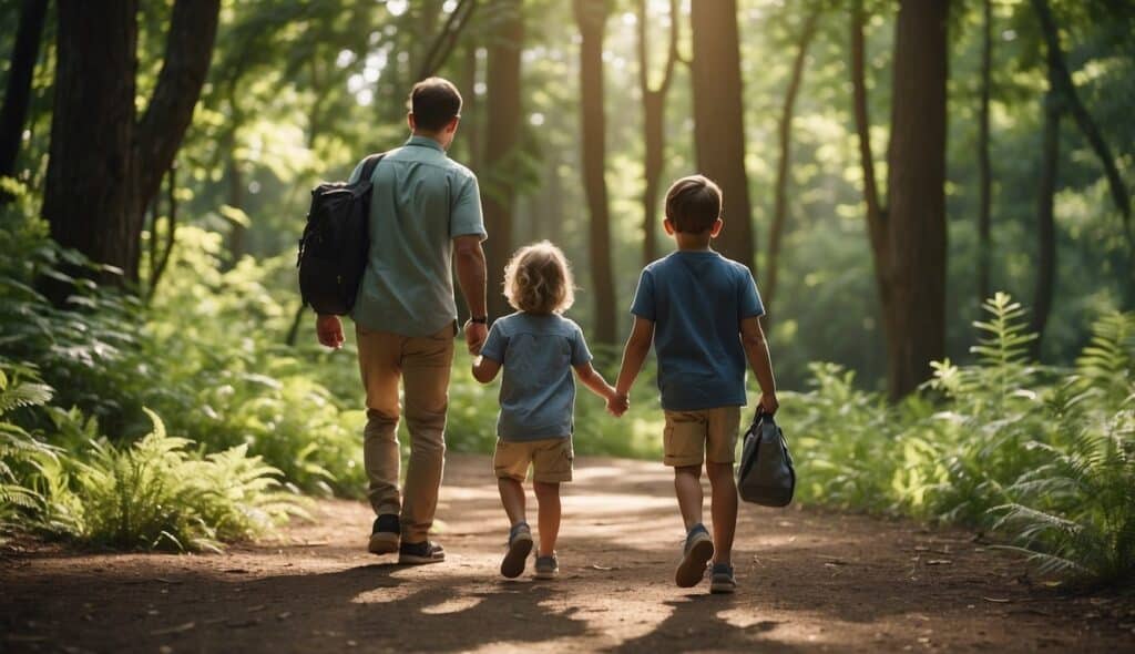 A family walks along a scenic trail, surrounded by lush greenery and towering trees. Children skip ahead, pointing out interesting plants and animals along the way