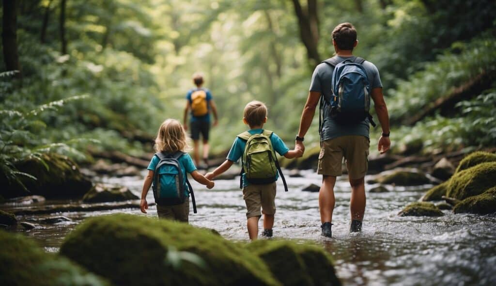 Families hiking through a lush forest, children exploring nature, crossing over a bubbling stream, and enjoying the adventure together