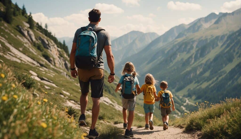 A family hiking through scenic mountains, children exploring nature, parents enjoying the views