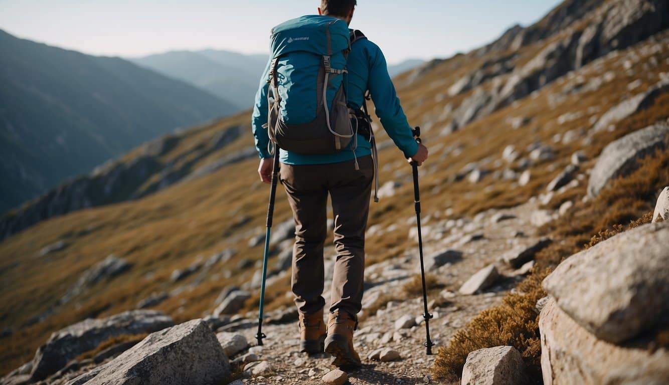 A hiker carefully navigates rocky terrain, using trekking poles for stability and wearing sturdy hiking boots for injury prevention