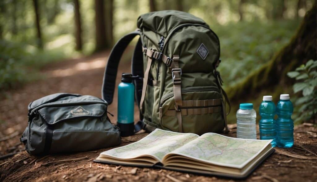 A hiker's backpack and hiking boots laid out with a map and water bottle, surrounded by trees and a winding trail