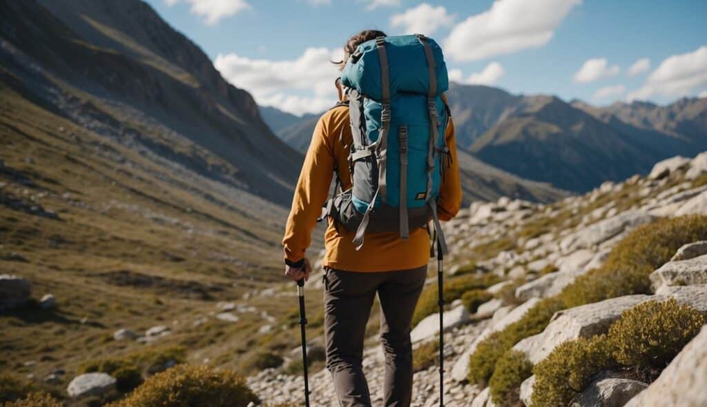 A hiker carefully navigates rocky terrain, using trekking poles for stability and wearing sturdy hiking boots. A backpack with essential supplies is strapped securely