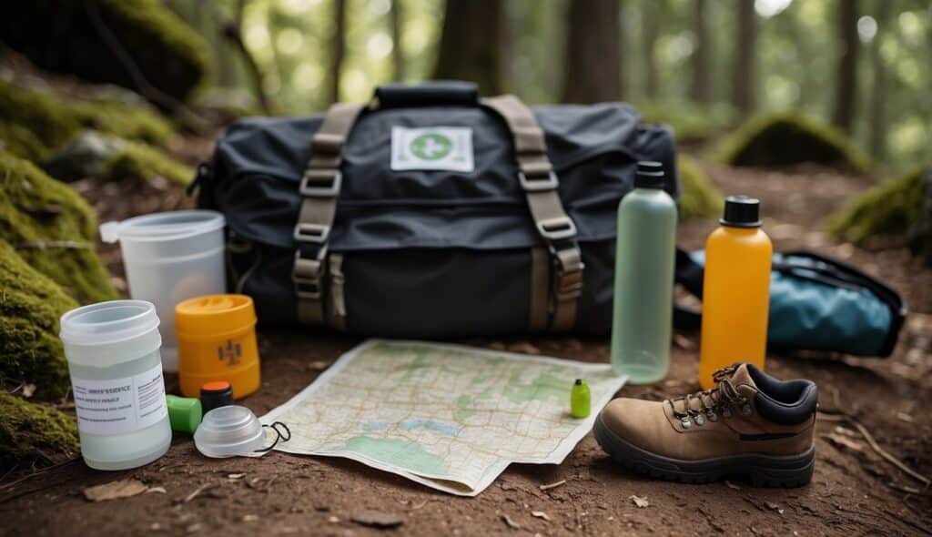 Hiking safety gear laid out: boots, first aid kit, map, water bottle, and whistle. Trail markers and warning signs visible in the background