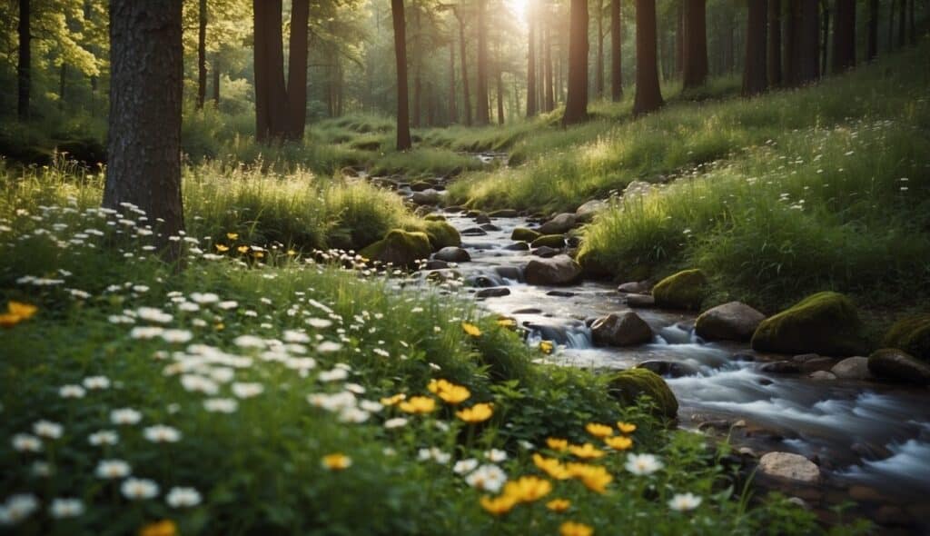 A serene forest clearing with a bubbling stream, surrounded by lush greenery and vibrant wildflowers, providing a peaceful setting for rest and rejuvenation after a long hike