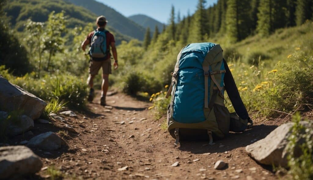 A hiker packs eco-friendly gear and maps out a sustainable hiking route amidst lush greenery and clear blue skies