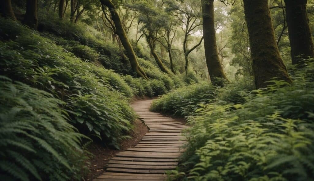 A scenic hiking trail with lush greenery, winding paths, and sustainable signage