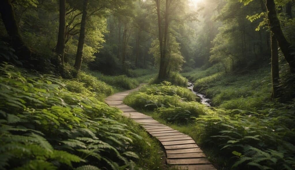 A serene forest trail with a clear path, surrounded by lush greenery and wildlife. The scene includes a small stream and a signpost with sustainable hiking guidelines