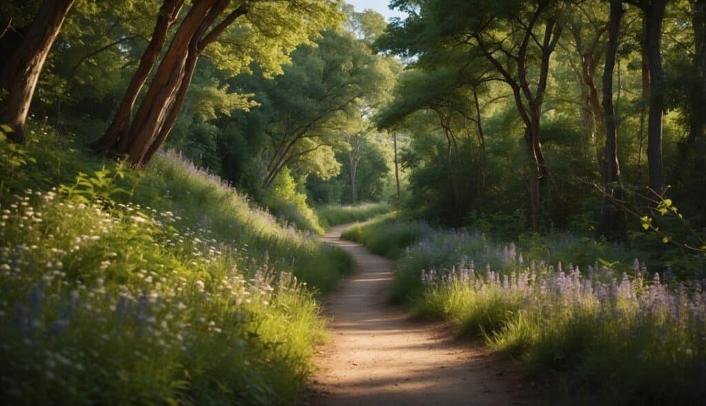 A serene forest path with a winding trail, surrounded by lush green trees and vibrant wildflowers. A clear blue sky overhead and a gentle breeze rustling the leaves