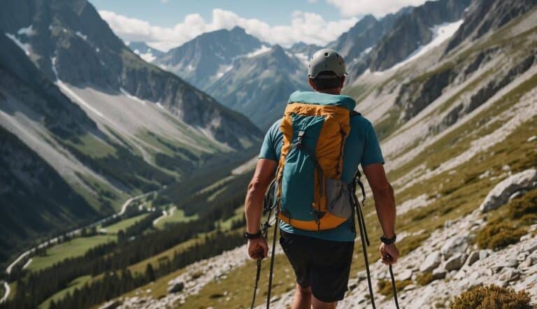 A hiker navigating a rocky mountain trail, secured with safety ropes and carabiners, surrounded by breathtaking alpine scenery