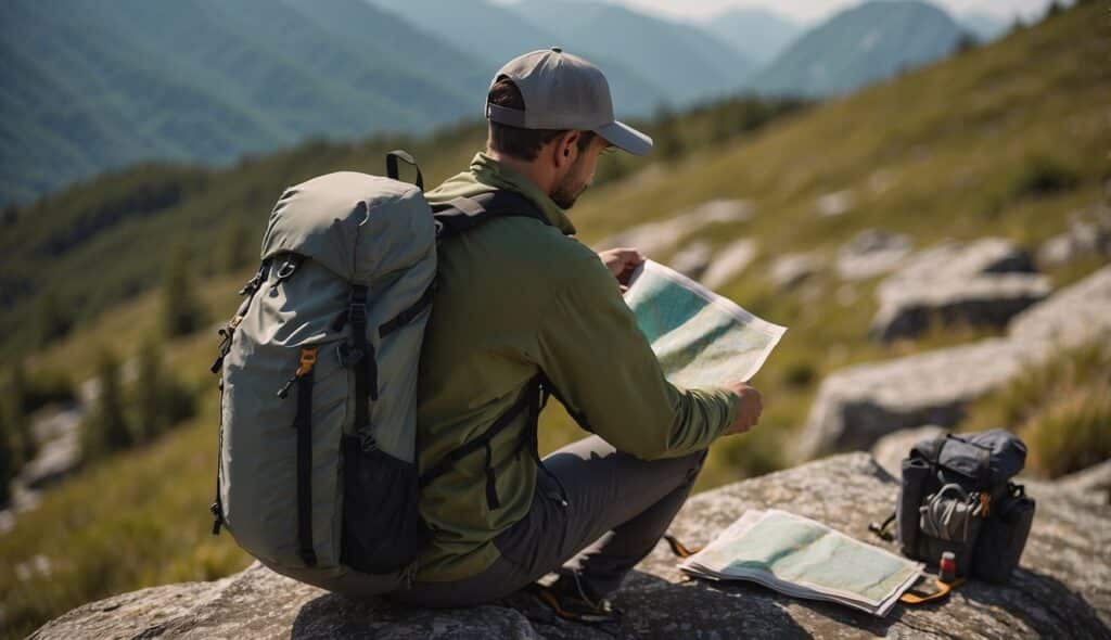 A person packing a backpack with hiking gear, checking a map, and inspecting safety equipment before setting off on a mountain trail