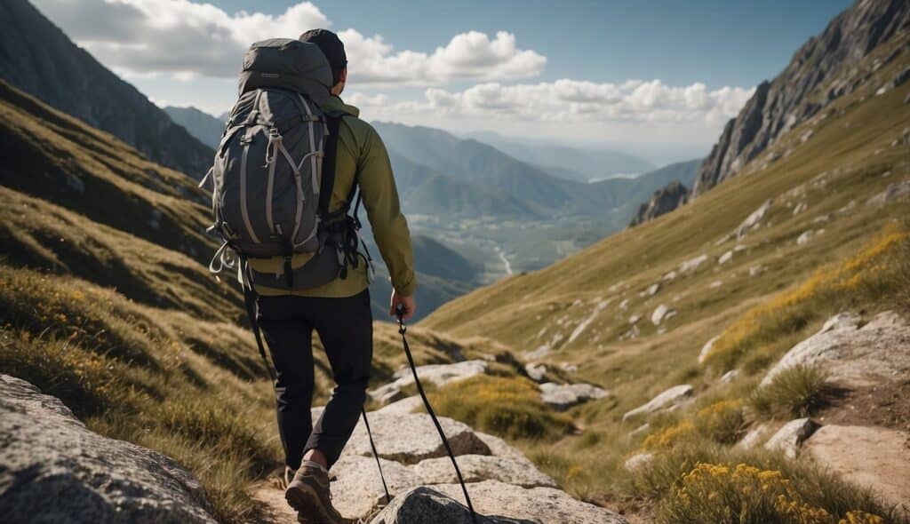 Hiking on the mountain, a trail winds through rocky terrain. Safety gear is visible, such as ropes and harnesses