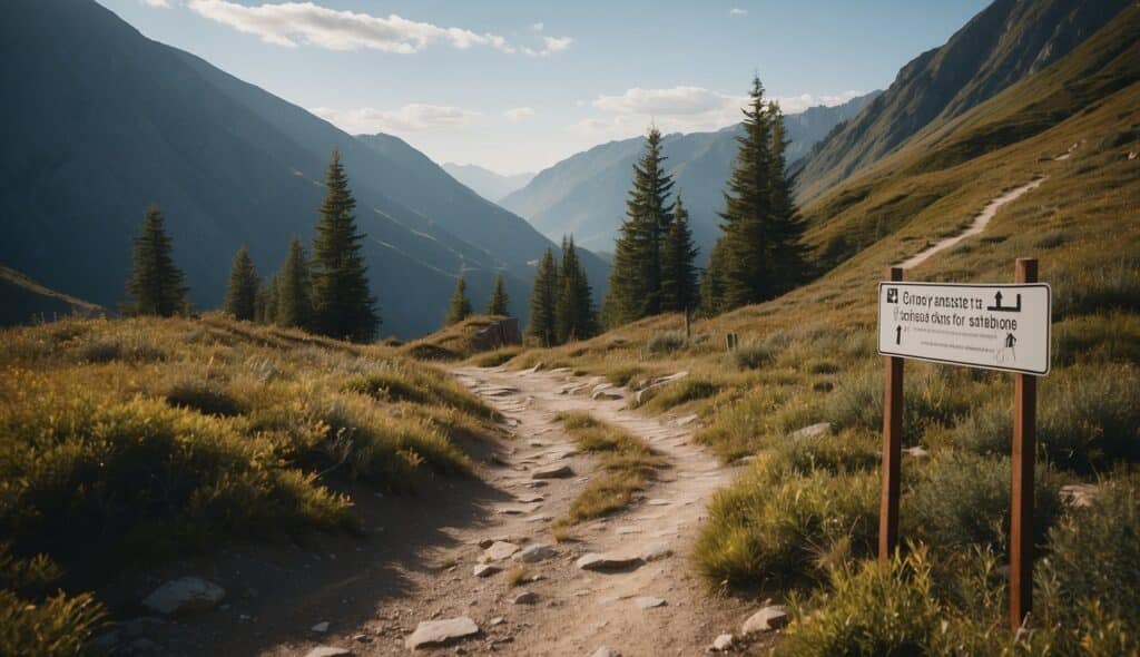 A peaceful mountain scene with clear paths, safety signs, and respectful hikers