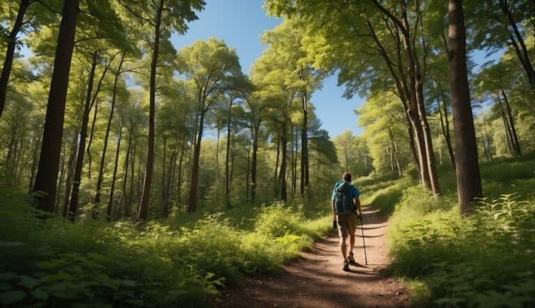 A winding forest trail with vibrant green trees and a clear blue sky, with a hiker's backpack and walking stick resting against a tree