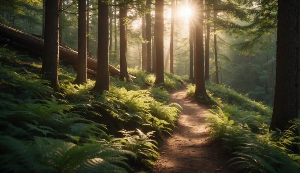 A serene forest trail with sunlight filtering through the trees, showcasing the peacefulness and health benefits of hiking