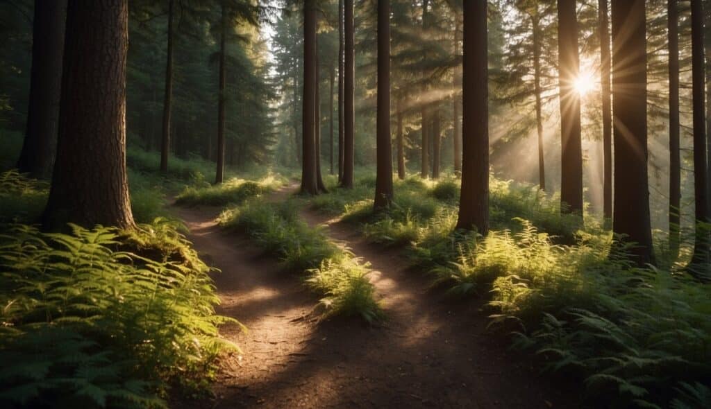 A serene forest path with sunlight filtering through the trees, showcasing the peaceful and rejuvenating benefits of regular hiking