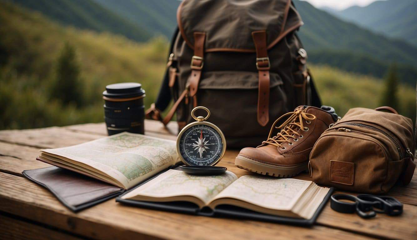 A map, compass, and hiking boots lay on a wooden table, surrounded by travel guides and a journal. A backpack is packed in the background