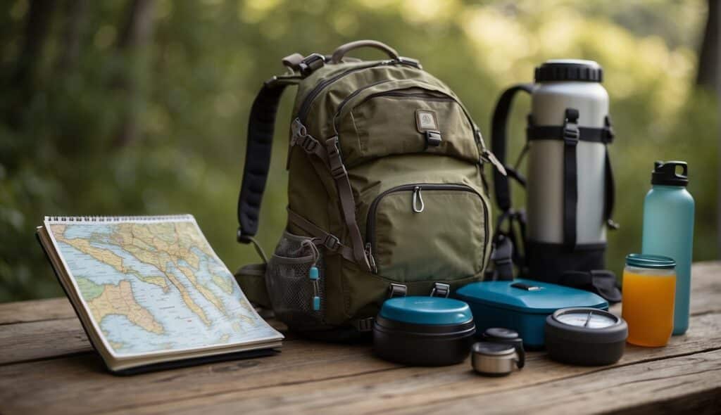 A map, compass, and hiking boots lay on a wooden table. A backpack is packed with a water bottle and trail snacks. A guidebook and notebook with a pen are open, ready for notes and plans